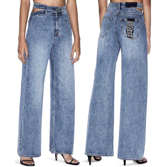 Ksubi Haven High Rise Cutout Waist Denim Wide Leg Jeans Blue Women's Size 27